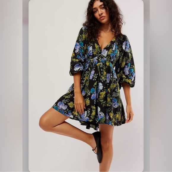 Free People Black Floral Babydoll Mini Dress Balloon Sleeves Flowy Size Small - Picture 7 of 10